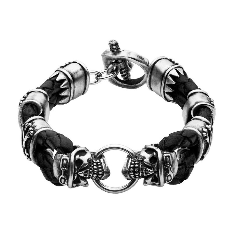 SKULLY RIDER mixed heads leather  混合材质骷髅骑士皮手环 - 手链/手环 - 不锈钢 黑色