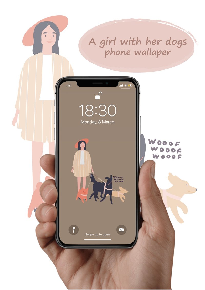 A girl with her dogs illustration. Phone wallpaper.Digital download. - 其他 - 其他材质 卡其色