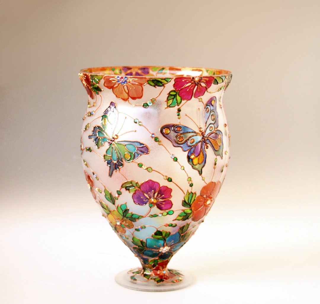 Glass Vase Hand Painted Buterflies and Wildflowers design, Swarovski Crystals - 灯具/灯饰 - 玻璃 多色
