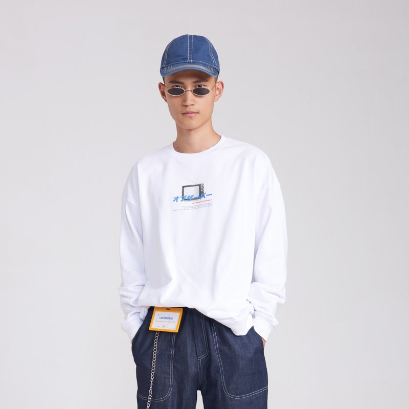 白色主题印花卫衣落肩 宽松休闲 男女同款 人间月相观察员 - 男装上衣/T 恤 - 棉．麻 白色