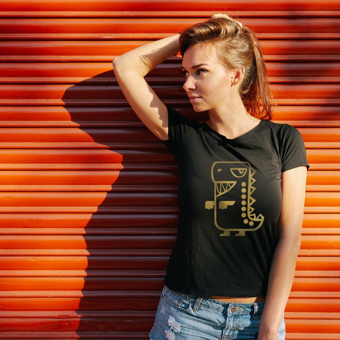 Tee-Saurus Rawr the Tee-Rex Tee. Chrome Gold on Black Tee - 女装 T 恤 - 棉 黑色
