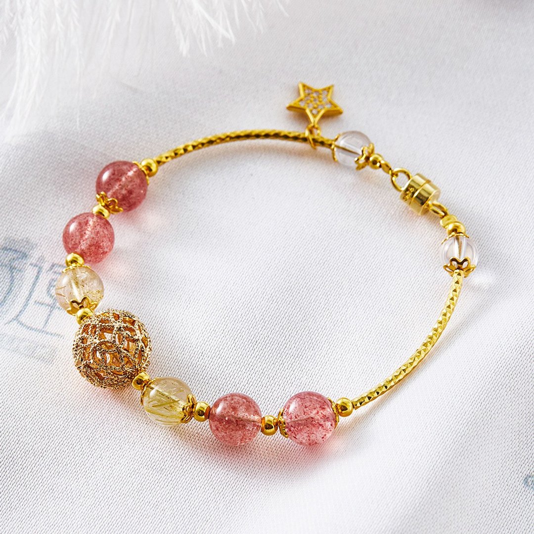 S925银天然草莓晶转运珠磁吸式手链(含开光)招桃花、守爱情 - 手链/手环 - 水晶 粉红色