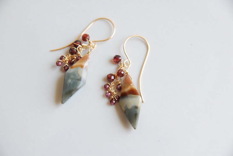 14KGF 菱形 Polychrome Jasper、碧玺与石榴石流苏耳环 - 耳环/耳夹 - 半宝石 多色