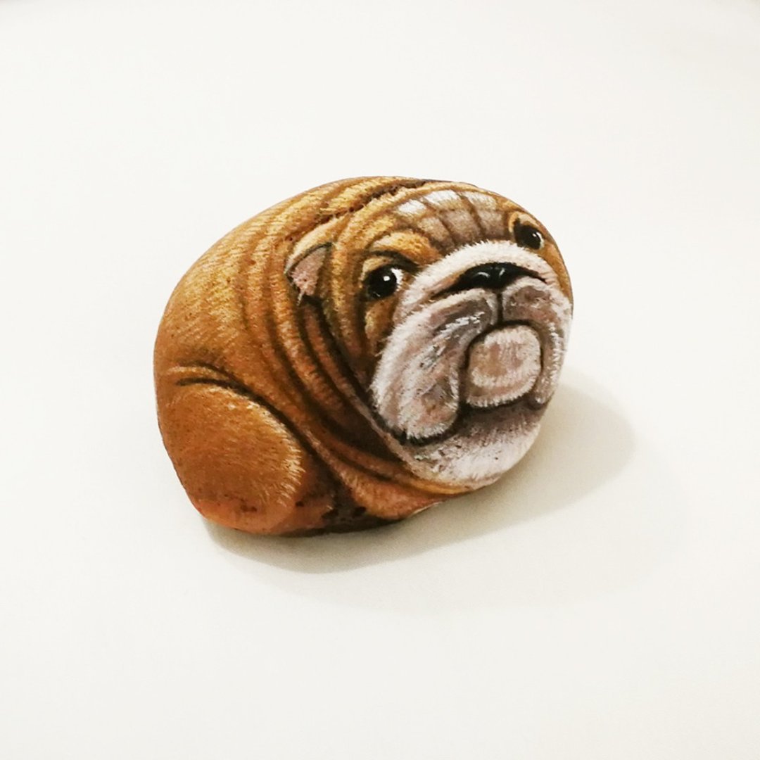 Bulldog stone painting, Original art for gift. - 其他 - 石头 咖啡色