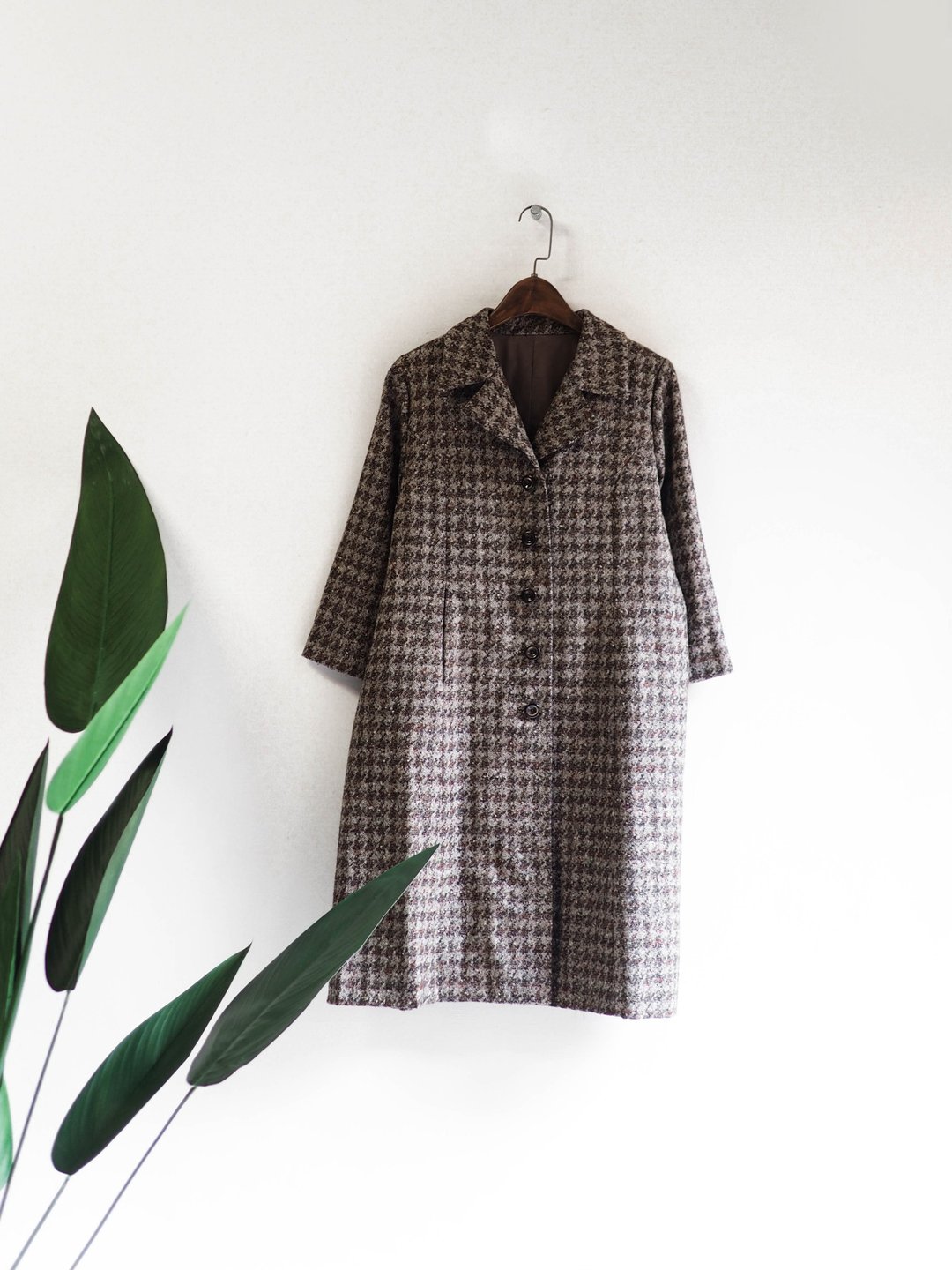 卡布奇诺混织千鸟纹午后悠闲时光 古董羊呢毛质大衣外套 overcoat - 女装休闲/机能外套 - 羊毛 咖啡色