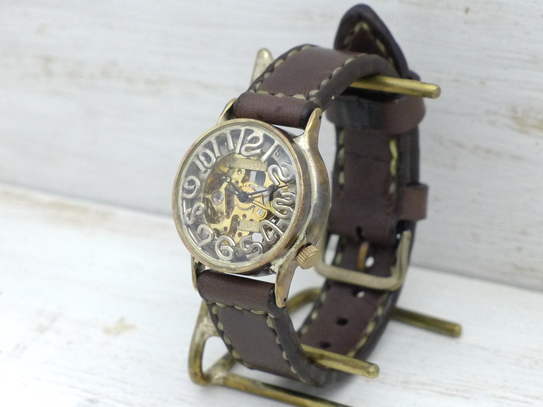 Handmade watch Automatic Brass 32mm hand-sewn belt Floating index (BAM032 hand-sewn belt) - 女表 - 铜/黄铜 金色