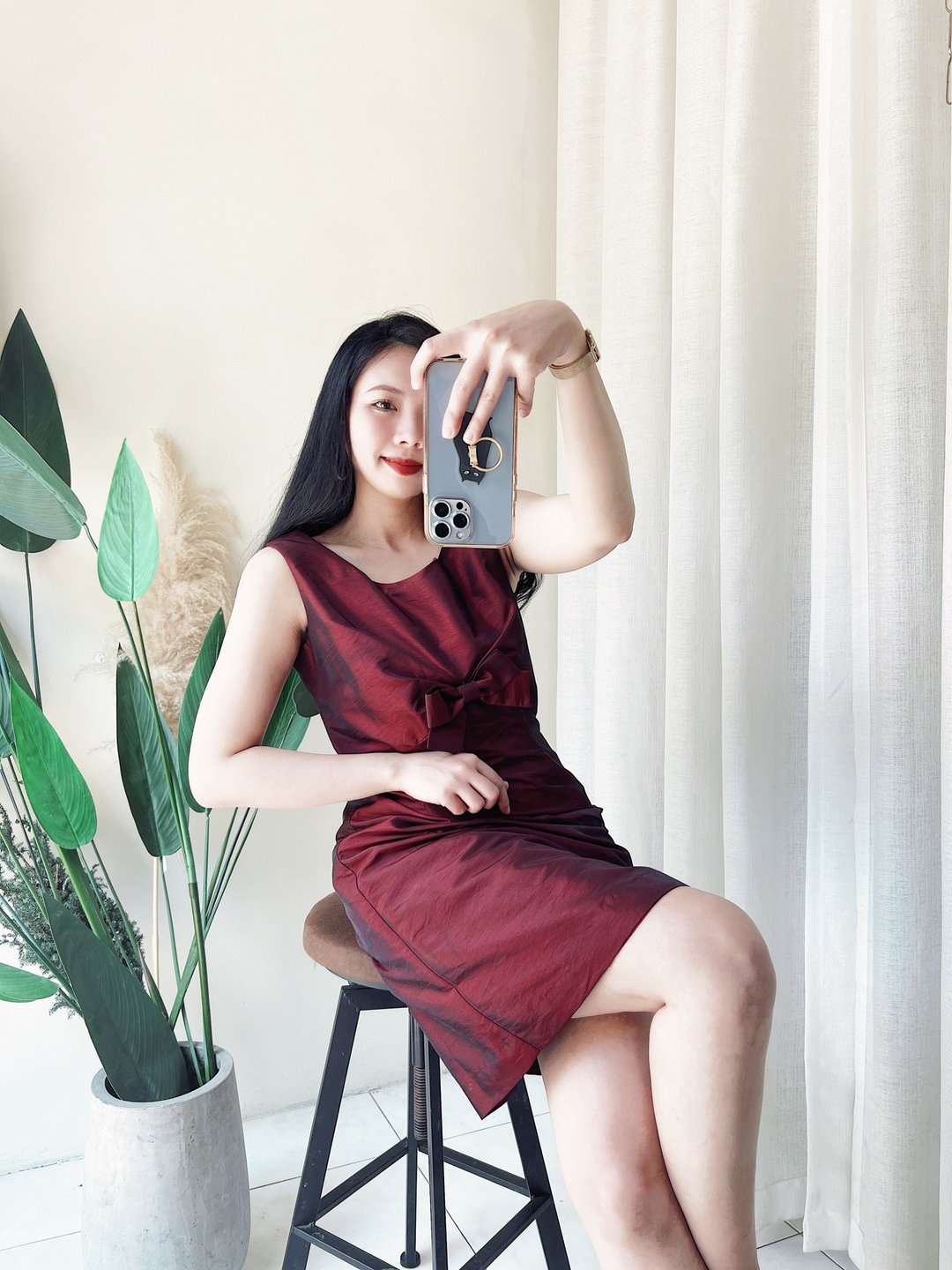 lifelike lindarico collection 枣红亮泽蝴蝶结优雅少女古着洋装 - 洋装/连衣裙 - 聚酯纤维 红色