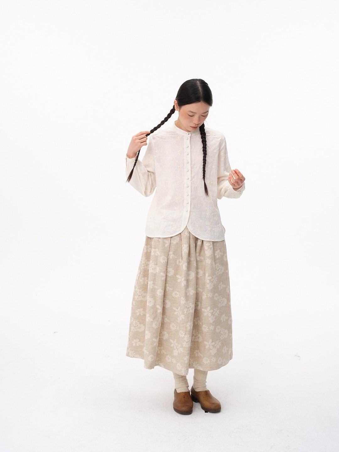 复古全棉白刺绣长袖衬衫 - 女装上衣 - 棉．麻 白色