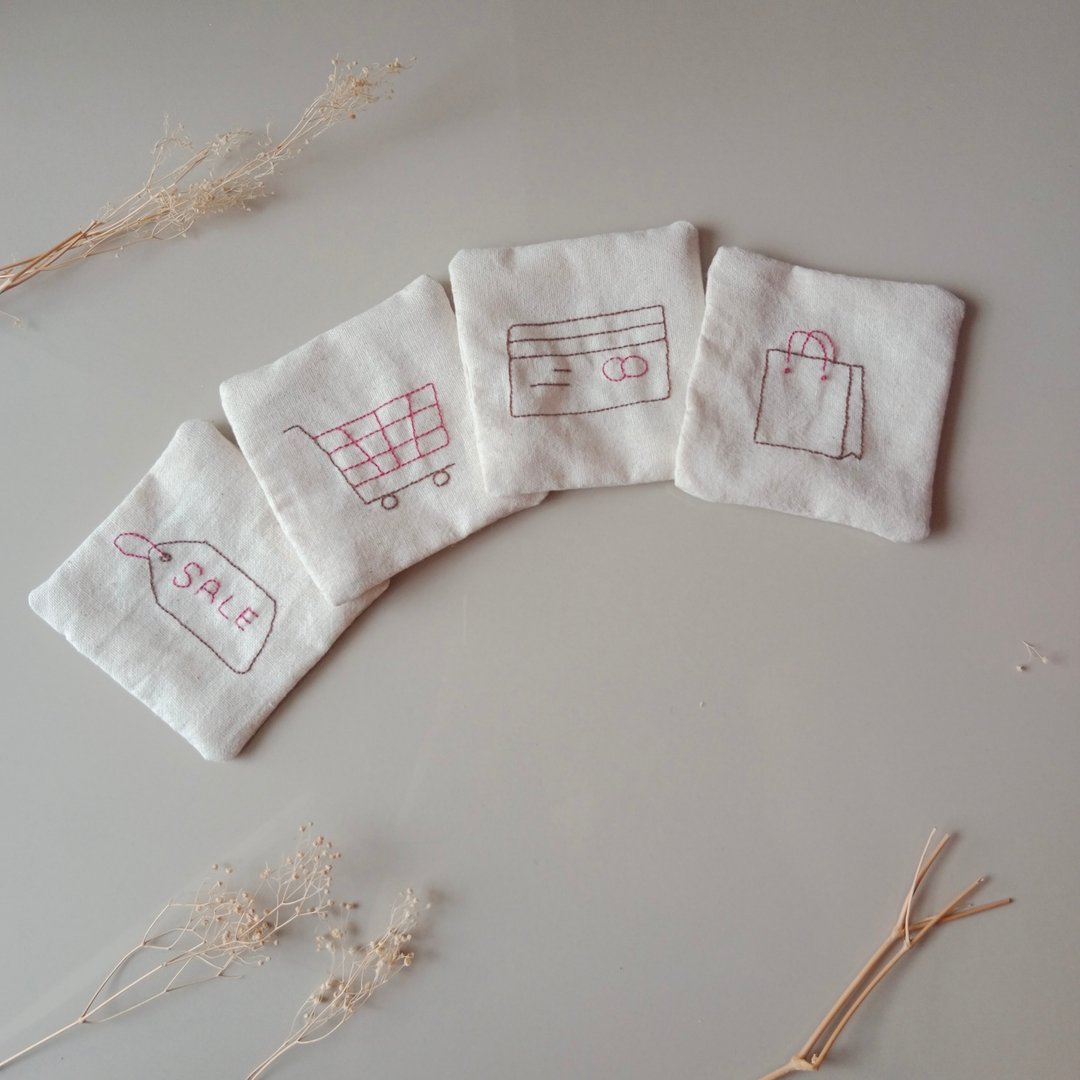 Shopping coaster set hand embroidered 4 PCS different - 杯垫 - 棉 白色
