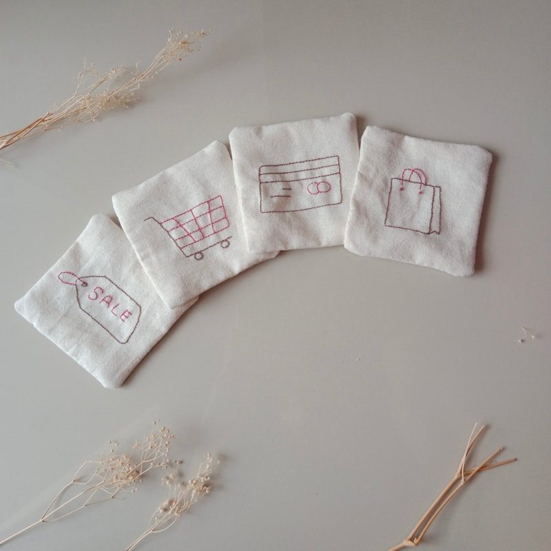 Shopping coaster set hand embroidered 4 PCS different - 杯垫 - 棉．麻 白色
