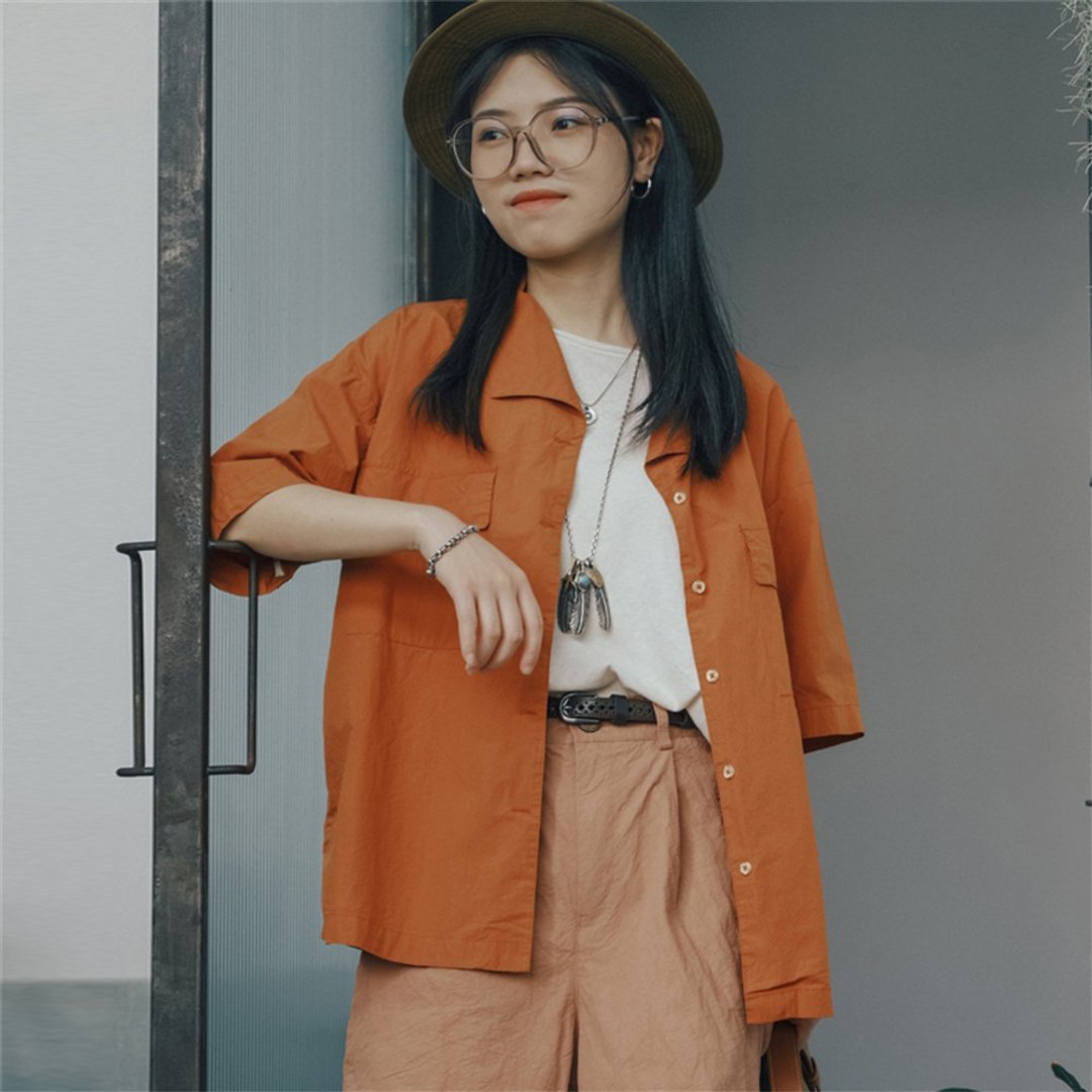 櫟鹽橘 嬉皮士 全棉復古工裝露營單排扣翻領襯衫 中性男女同款 - 女装衬衫 - 棉 橘色