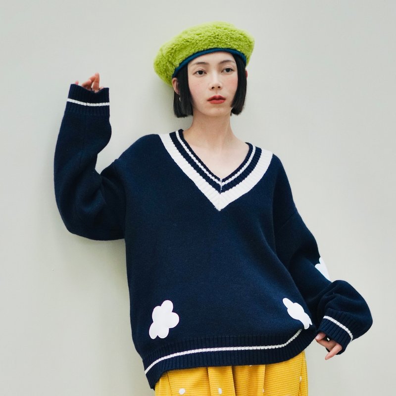 深蓝海军V领羊毛针织上衣 / 学院风 秋冬 - 女装针织衫/毛衣 - 羊毛 蓝色