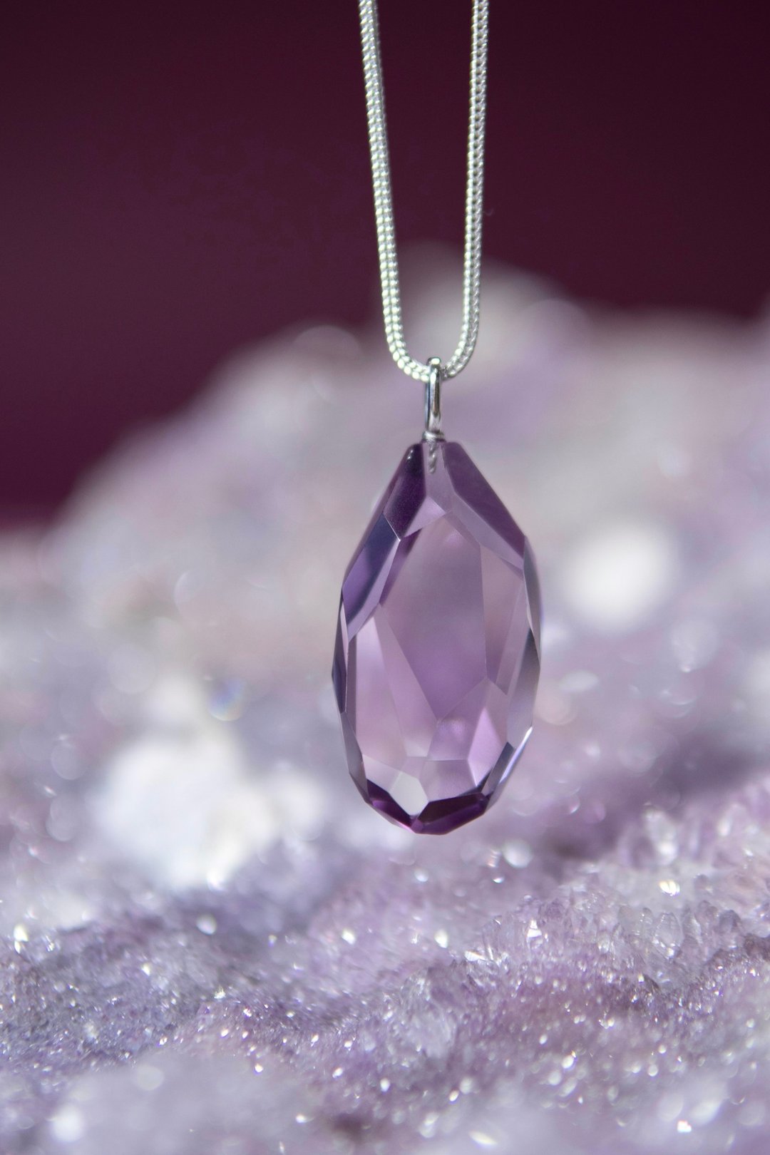天然紫水晶 切面纯净体紫水晶 S925吊坠银项链 - 项链 - 水晶 