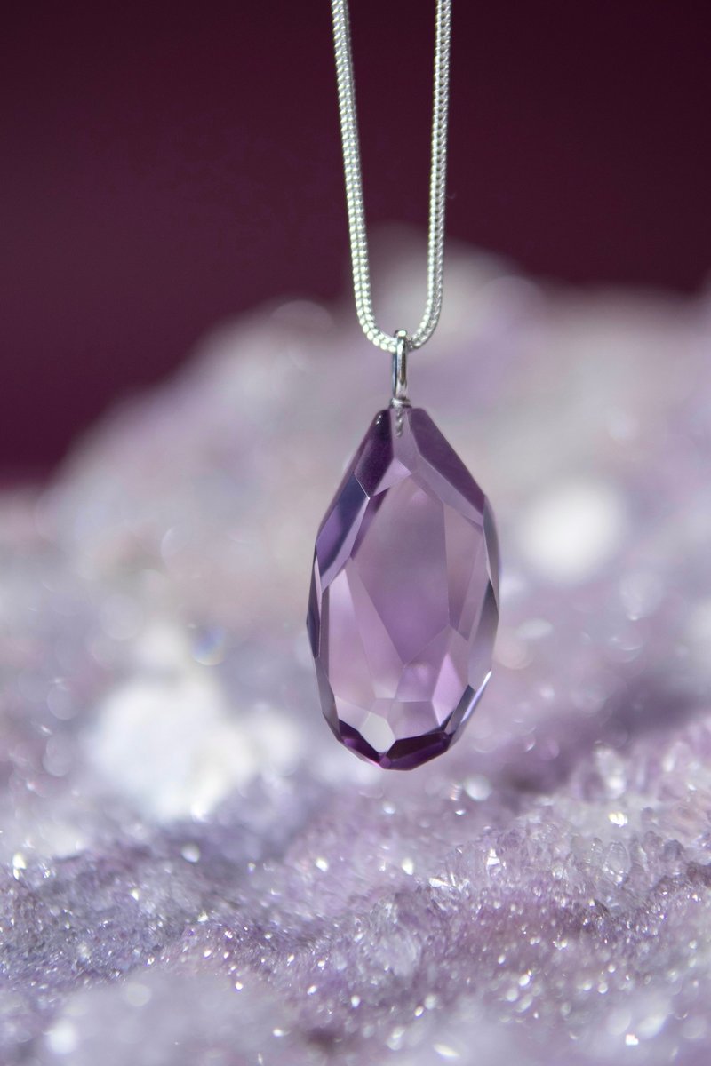 天然紫水晶 切面纯净体紫水晶 S925吊坠银项链 - 项链 - 水晶 
