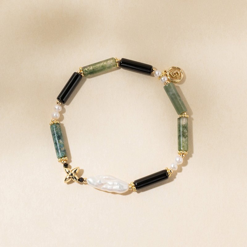 (辟邪) 女爵 | 水草玛瑙 黑玛瑙 黑尖晶 珍珠 | 天然水晶手链 - 手链/手环 - 水晶 绿色