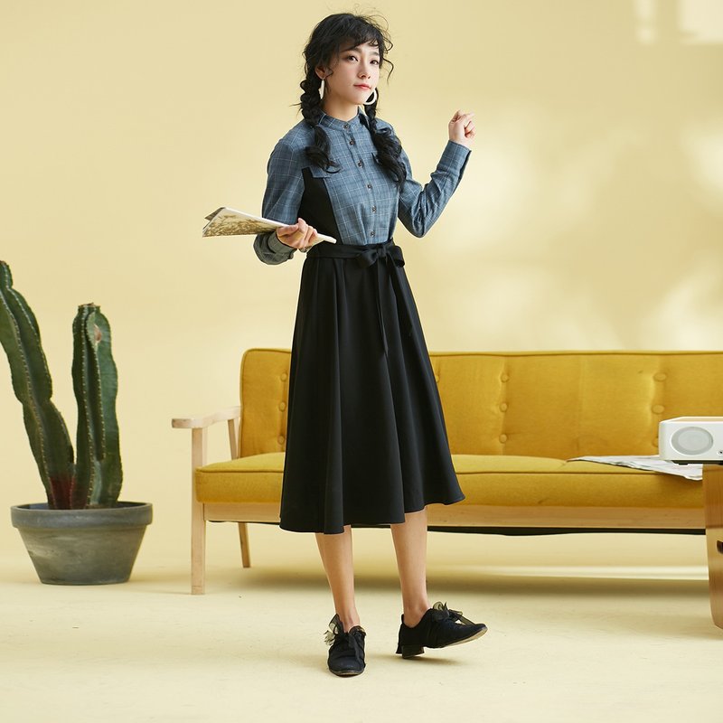 安妮陈2018春装新款女装撞色格子连衣裙 - 洋装/连衣裙 - 棉．麻 蓝色