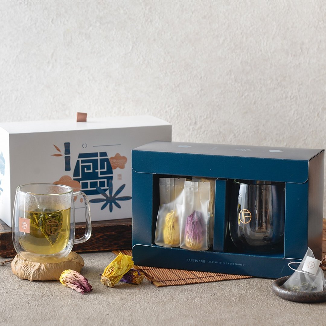 【盛】严选台湾香水莲花茶10入+双层玻璃杯 精美礼盒 - 茶 - 纸 蓝色
