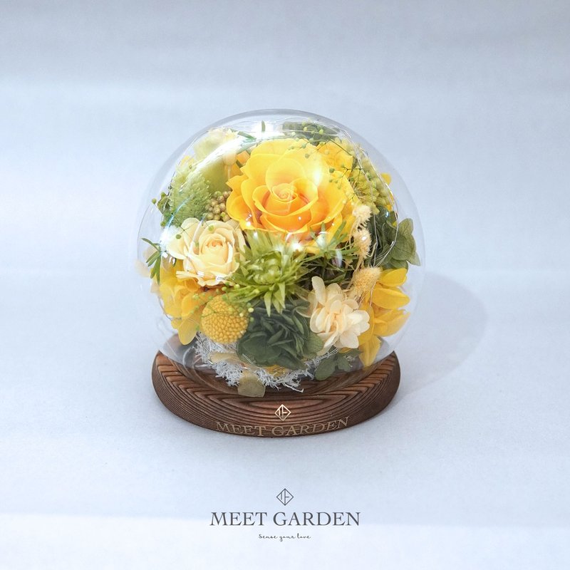 金黄色玫瑰保鲜花LED玻璃球 - 摆饰 - 玻璃 黄色