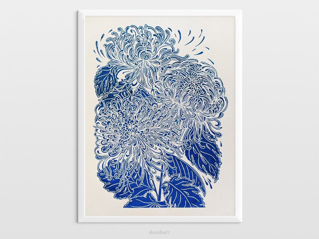 蓝色日本菊花花 Linocut 打印植物墙艺术插图 - 海报/装饰画/版画 - 纸 蓝色