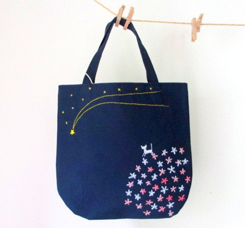 Silver cat and shooting star * handbag pink - 手提包/手提袋 - 棉．麻 