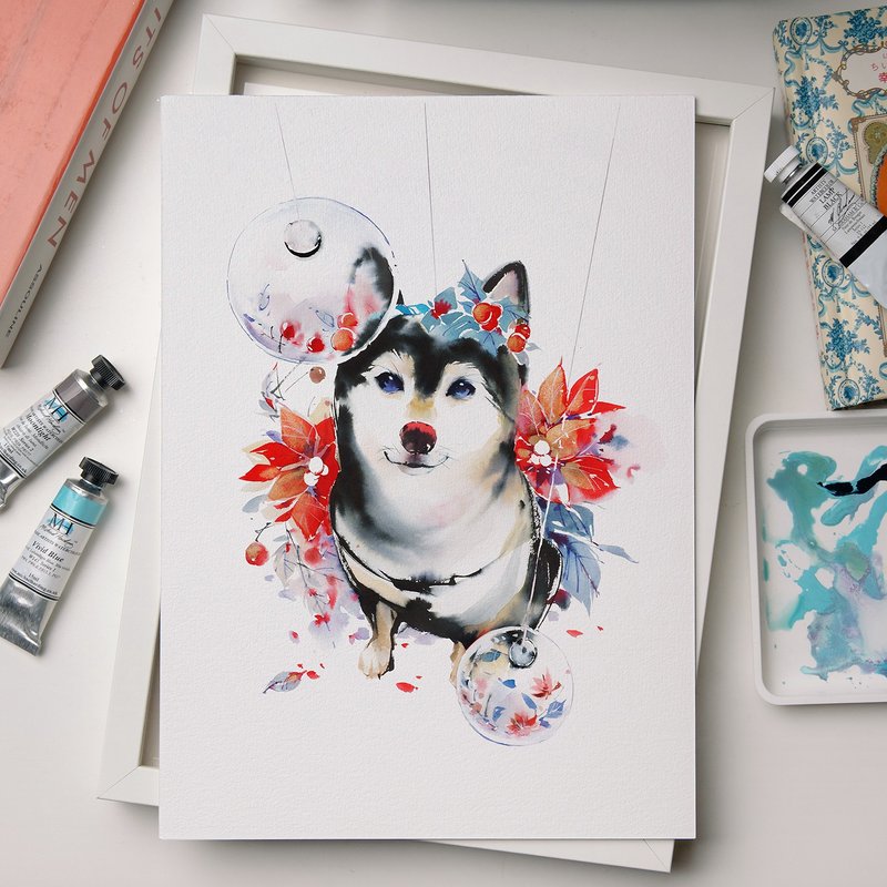 艺术微喷水彩画 -【带来祝福的圣诞柴柴】 - 海报/装饰画/版画 - 纸 