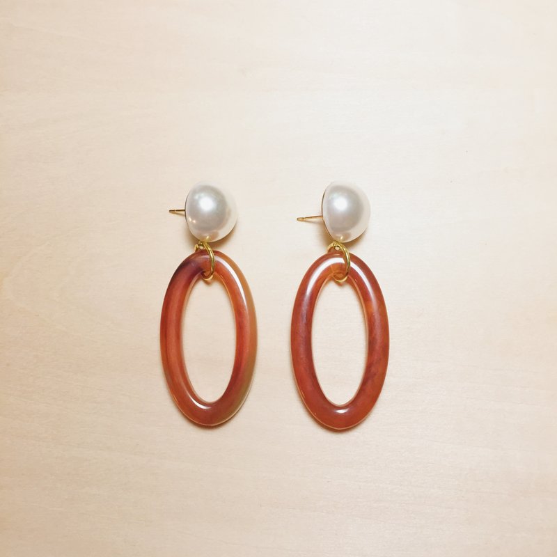复古珍珠琥珀大椭圆耳环 - 耳环/耳夹 - 树脂 咖啡色
