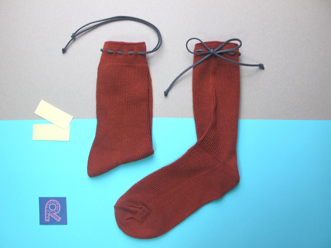 II Socks/文青款绑绳中统袜/复古砖橘/接单订制 - 袜子 - 棉 橘色