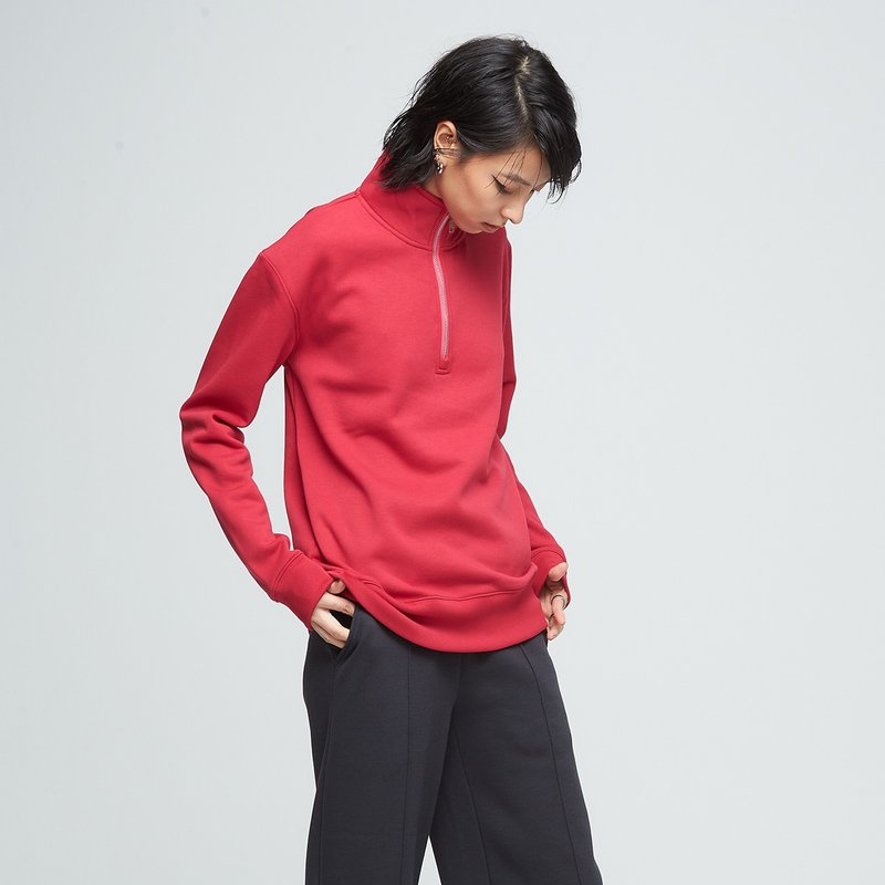 【新年开运色】立领拉链开襟长袖上衣(中性)-波斯红 - 女装 T 恤 - 聚酯纤维 红色