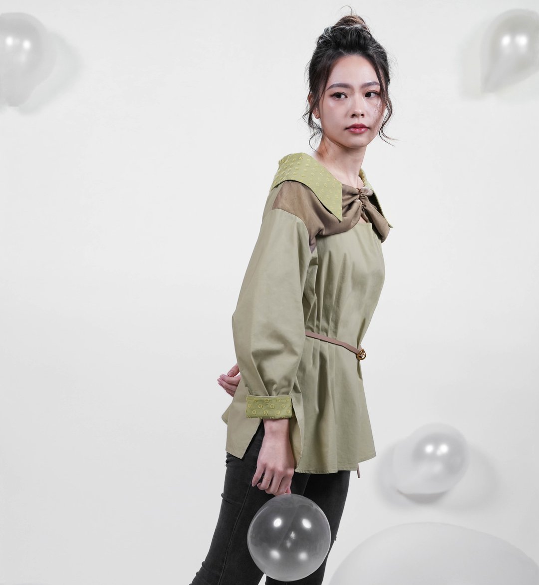 正反两穿圆环衬衫-卡其梨绿 - 女装衬衫 - 聚酯纤维 绿色