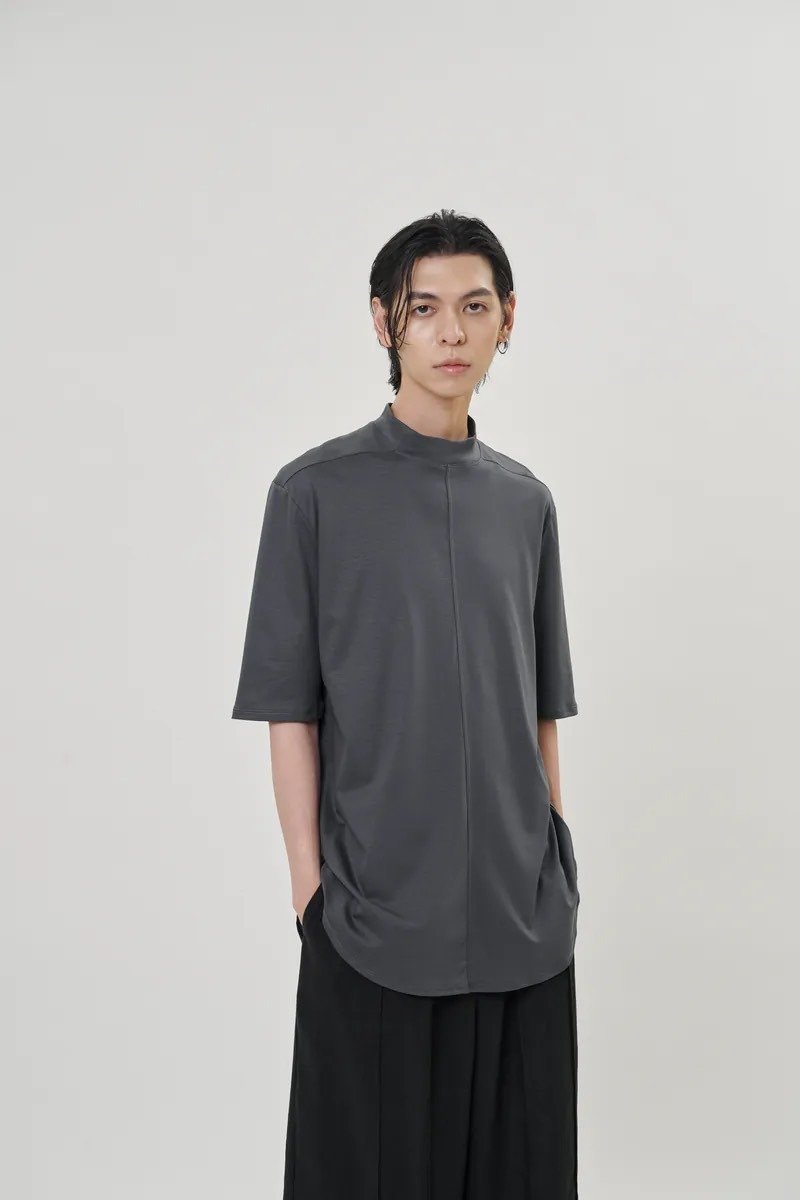 中高领剪接Tee High-neck T-shirt - 男装上衣/T 恤 - 棉．麻 黑色