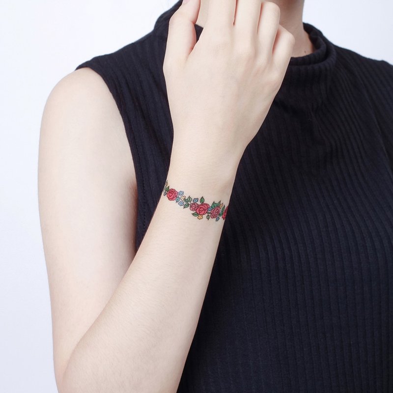 Surprise Tattoos / 玫瑰花圈 手链 脚环 刺青 纹身贴纸 - 纹身贴 - 纸 红色