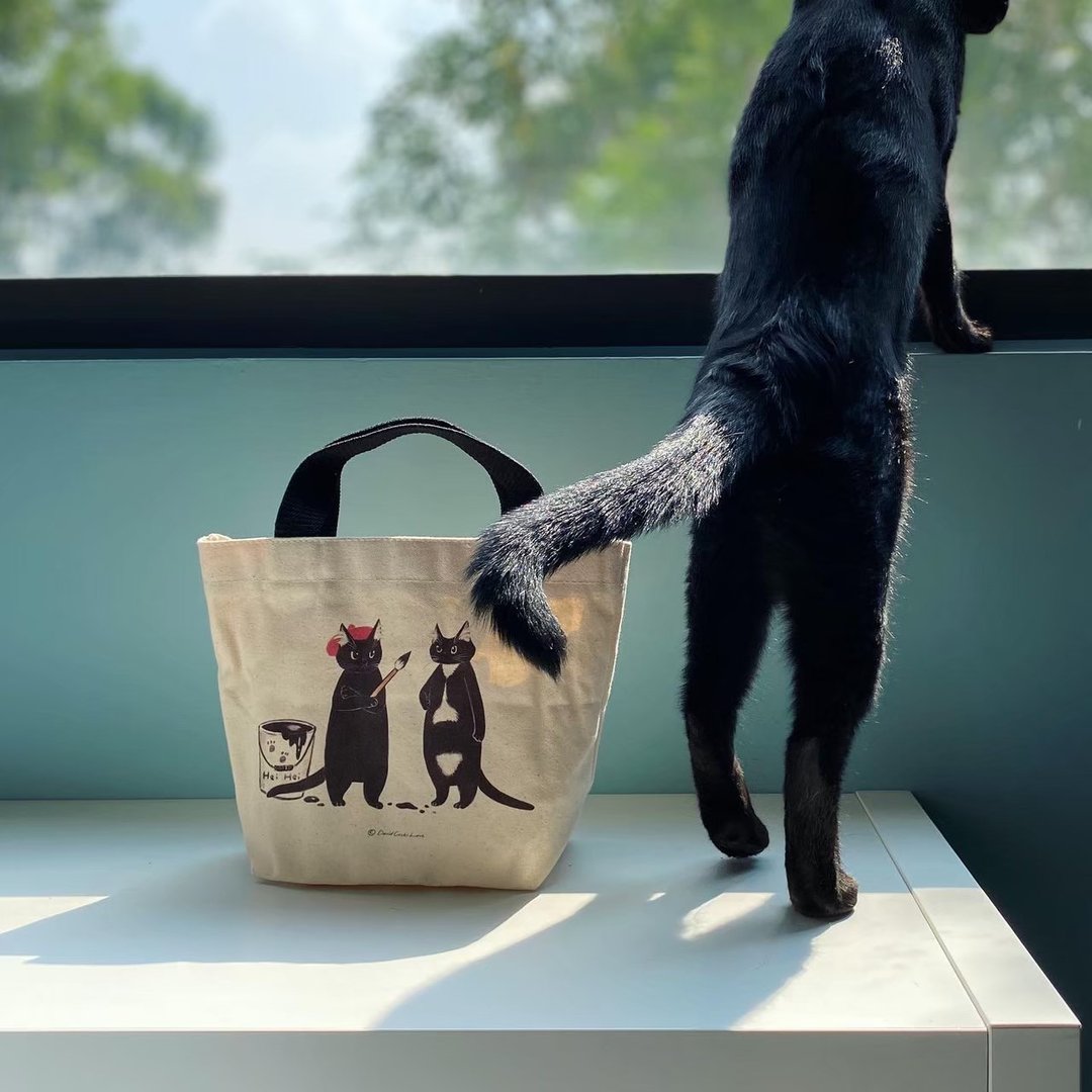 厚实帆布托特包-黑猫画家 - 手提包/手提袋 - 棉 