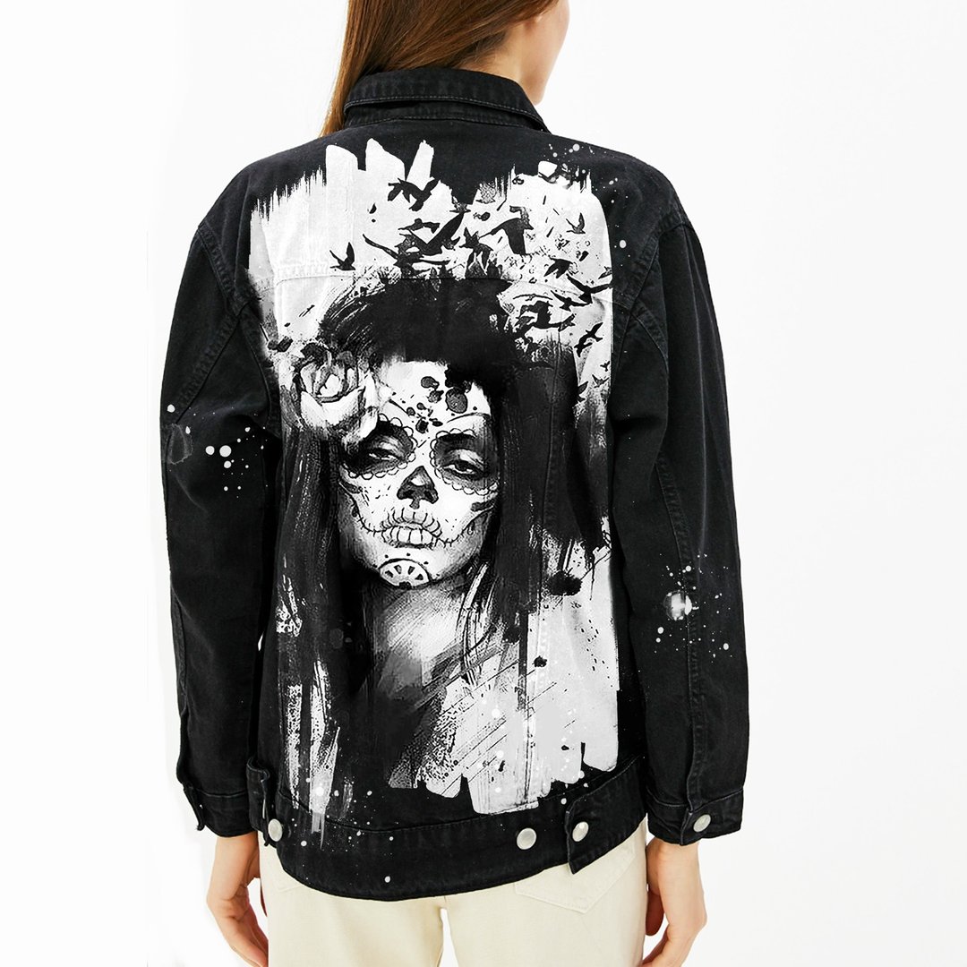 Painted denim jacket, handmade custom, gift, custom sugar skull - 女装休闲/机能外套 - 棉 多色