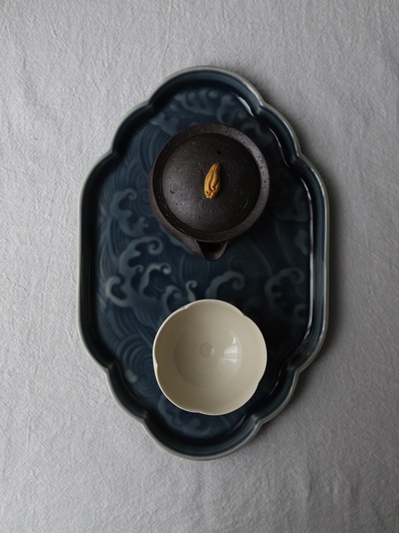 盖碗茶壶干泡壶承盘  陶瓷茶具配件  青釉霁蓝釉如意海浪托盘 - 盘子/餐盘/盘架 - 瓷 