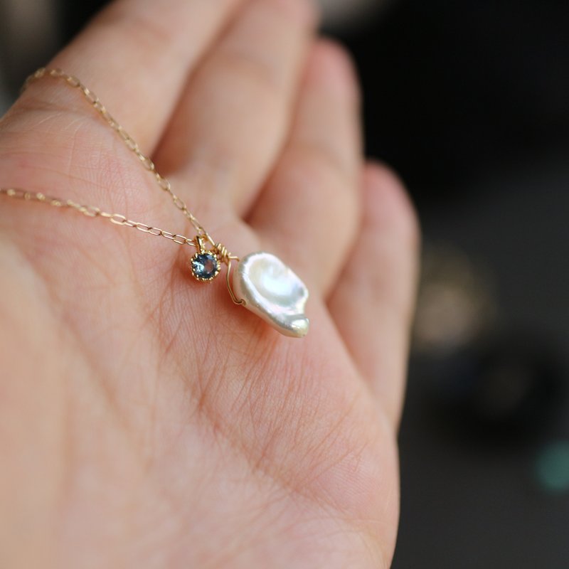 美国14kgf包金 简约气质 设计感异形珍珠 海蓝闪钻项链吊坠锁骨链 - 锁骨链 - 珍珠 蓝色