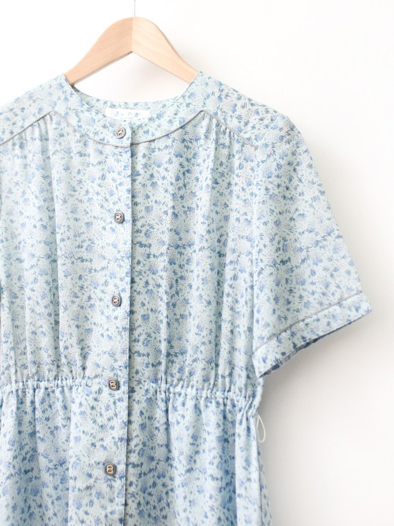 早秋日本制复古碎花灰蓝色短袖古着洋装 - 洋装/连衣裙 - 聚酯纤维 蓝色