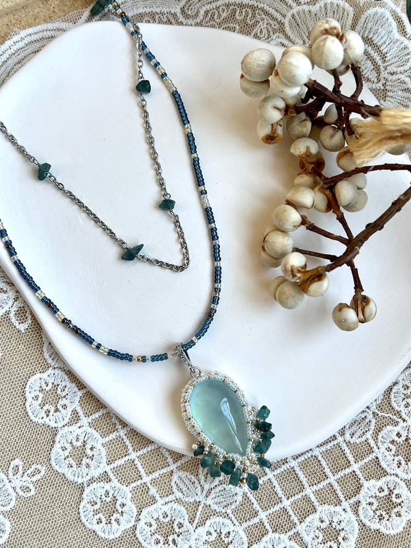 海蓝宝 蓝碧玺 双层项链 串珠吊坠 配宝石绕制链 - 项链 - 半宝石 蓝色