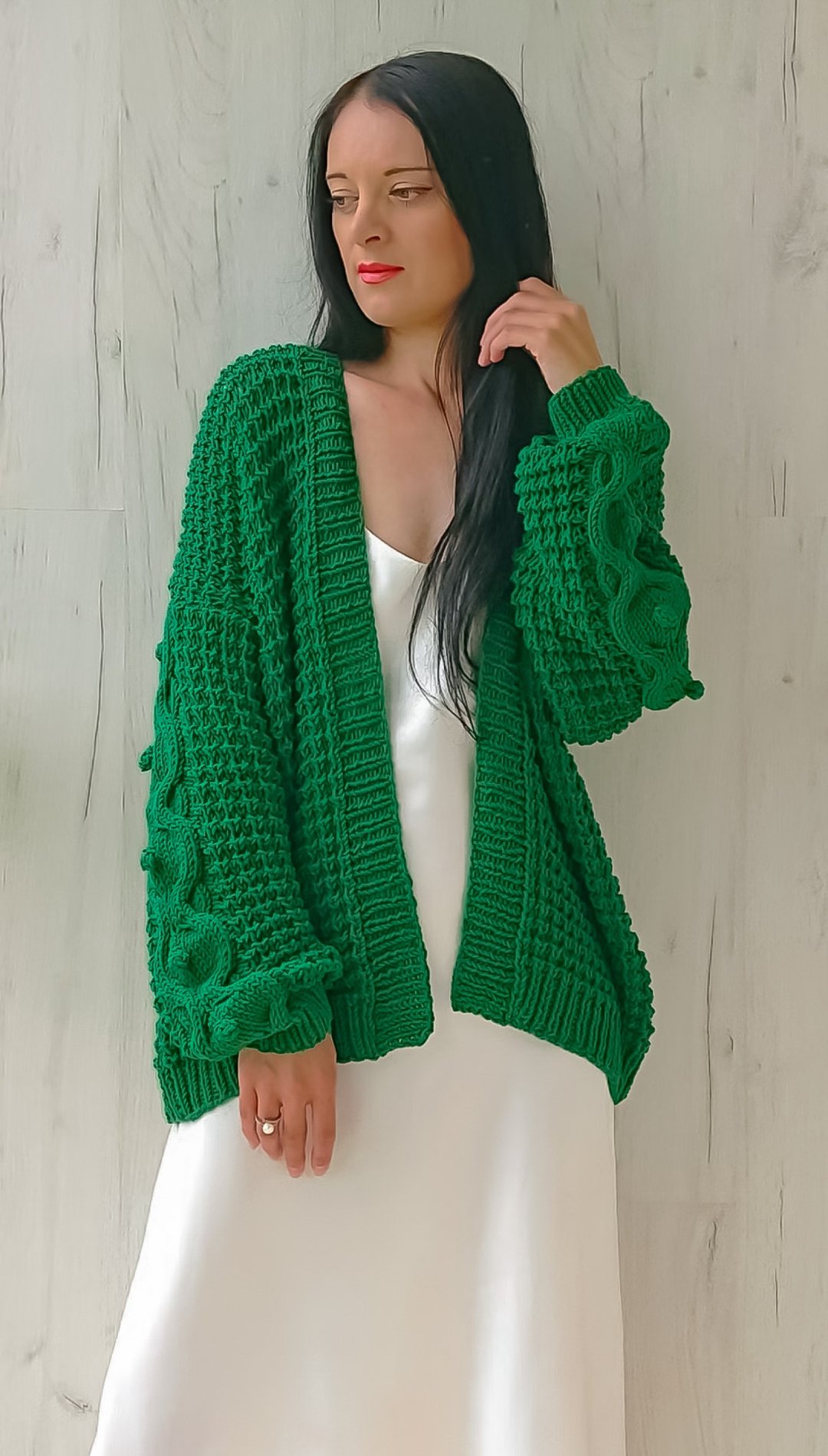 Waffle sweater wit twist sleeve Sweater knit green Handmade jacket cotton Kimono - 女装针织衫/毛衣 - 棉 