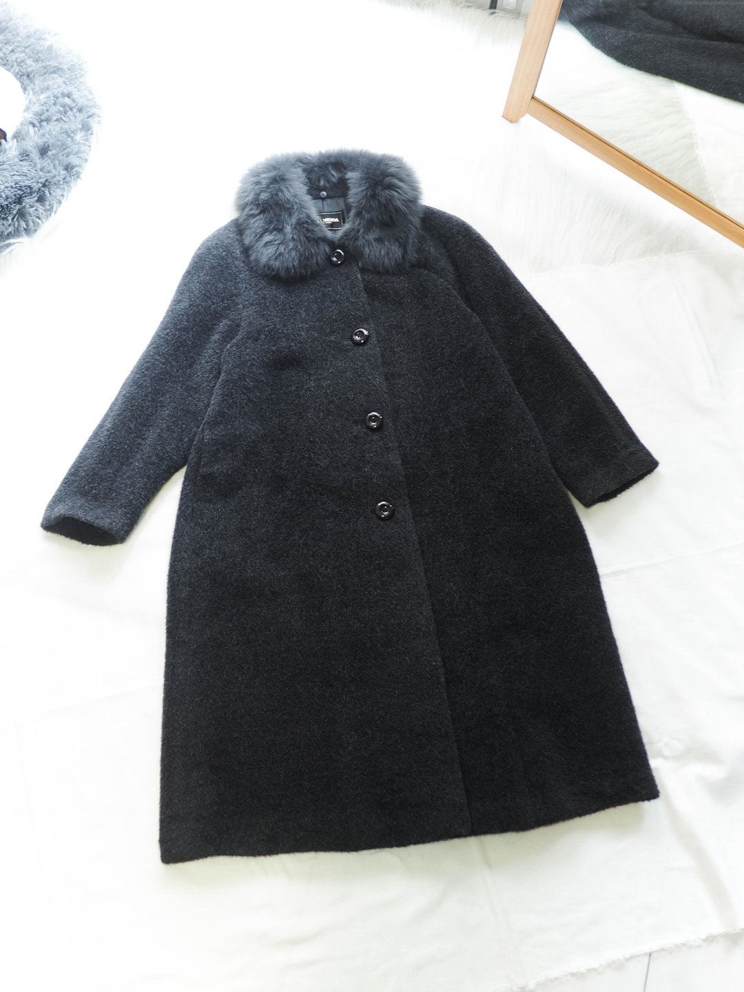 优雅深灰混织伞状优雅少女 古董貂毛领羊驼毛大衣外套 overcoat - 女装休闲/机能外套 - 羊毛 灰色
