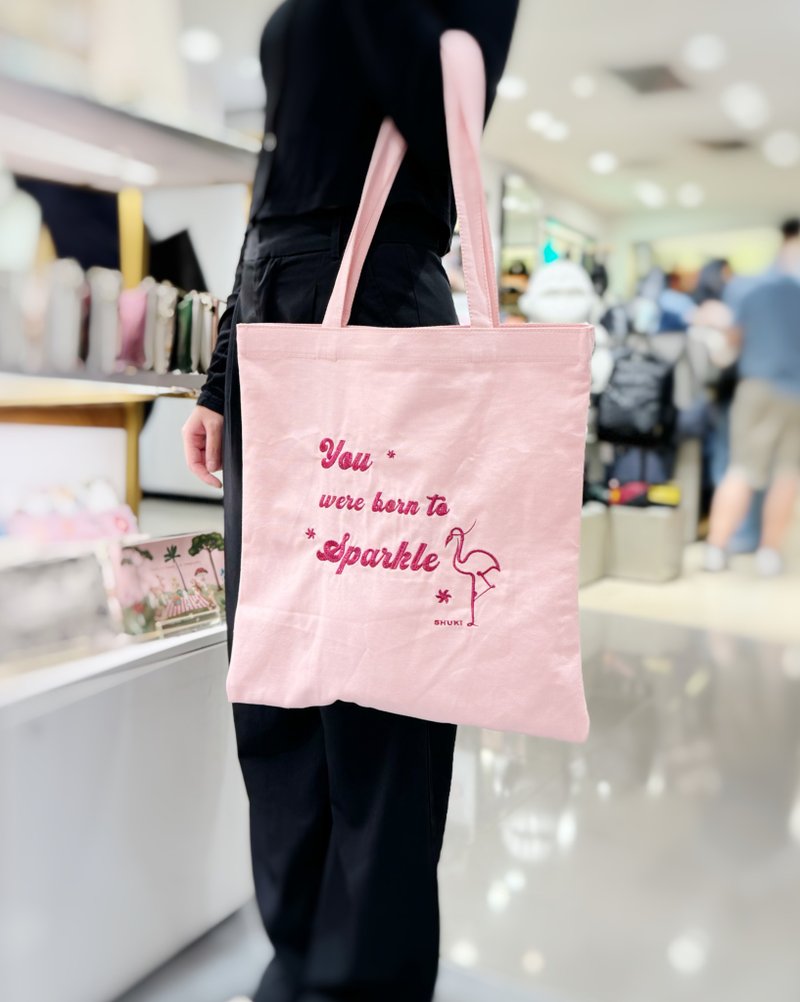 SHUKI 火烈鸟图案绣花布袋 - 手提包/手提袋 - 棉．麻 粉红色