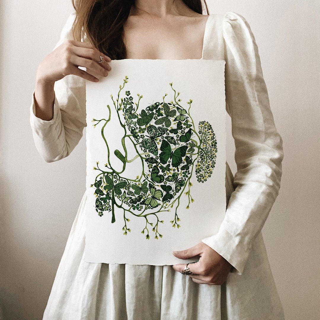 Watercolor poster BUTTERFLIES IN STOMACH, 21x30cm - 墙贴/壁贴 - 纸 绿色