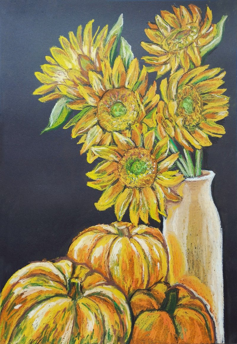 花束向日葵花秋天仍然南瓜油粉彩 - 墙贴/壁贴 - 纸 橘色