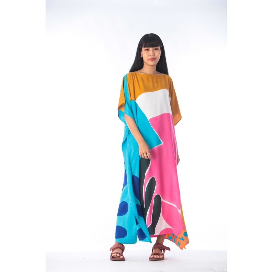 Hand Painted Cotton Silk Kaftan for Summer Resort Vacation F - 洋装/连衣裙 - 棉 粉红色