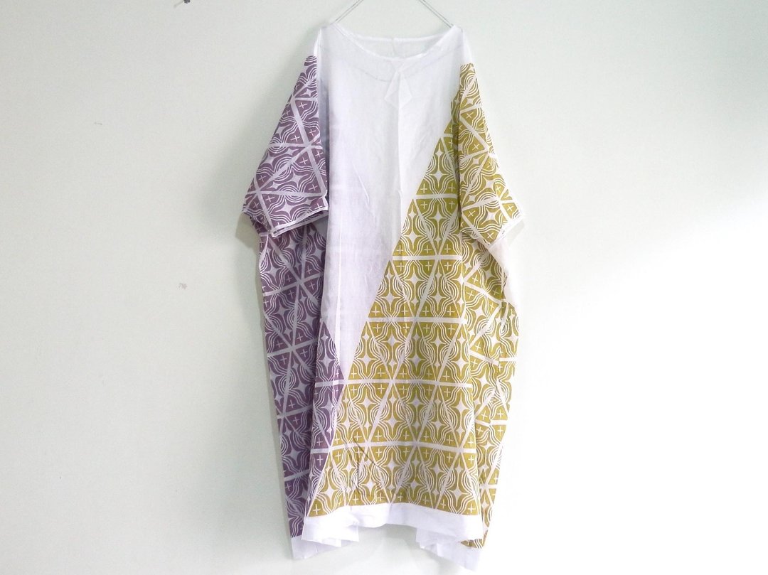 Big silhouette dress made with woodblock print / 1 - 洋装/连衣裙 - 棉 白色