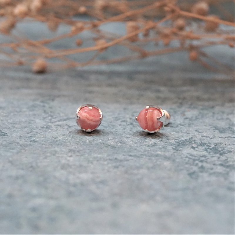 ll 6mm红纹石纯银耳环 ll 925纯银贴耳耳针 ER-00032 - 耳环/耳夹 - 半宝石 粉红色