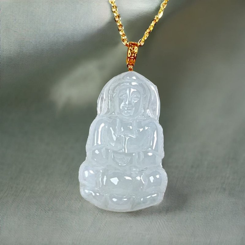 【母亲节特惠】冰种观音菩萨项链18K金头 | 天然缅甸翡翠 | 送礼 - 项链 - 玉石 透明