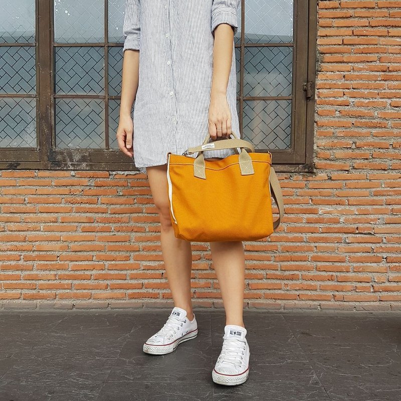 New Mustard Mini Simply Satchel Canvas Bag with zipper - 手提包/手提袋 - 棉．麻 黄色
