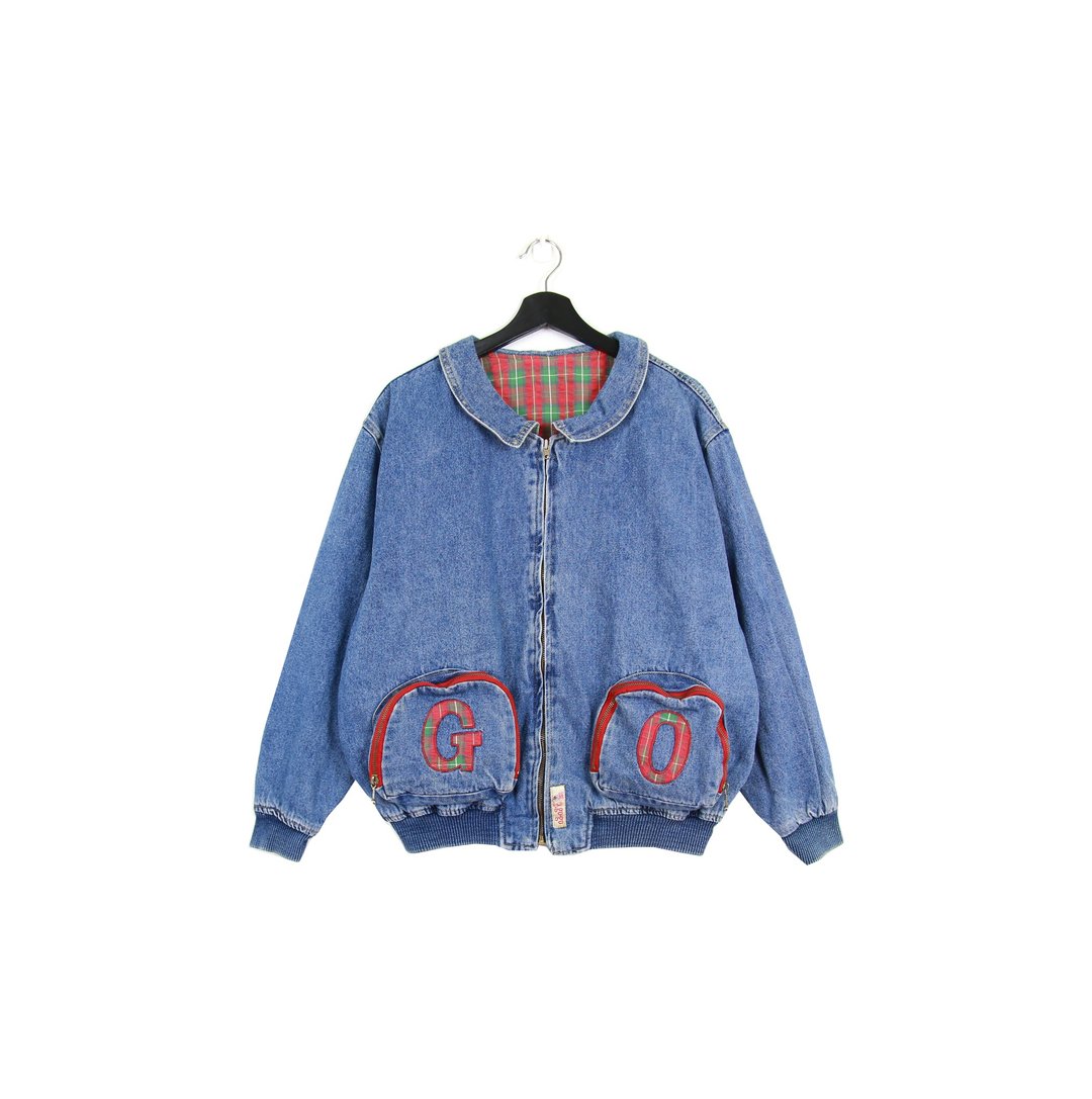 Back to Green 俏皮GO 苏格兰配色 双口袋 拉链 Vintage Denim Jacket - 男装外套 - 棉 