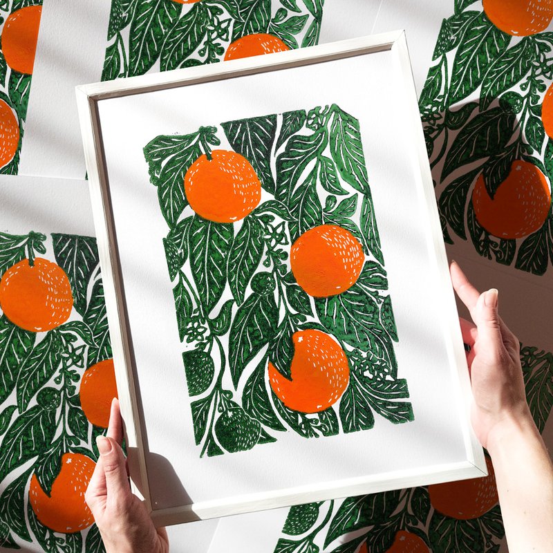 橙子亚麻油毡版画植物原创艺术品厨房墙艺术装饰 - 墙贴/壁贴 - 纸 绿色