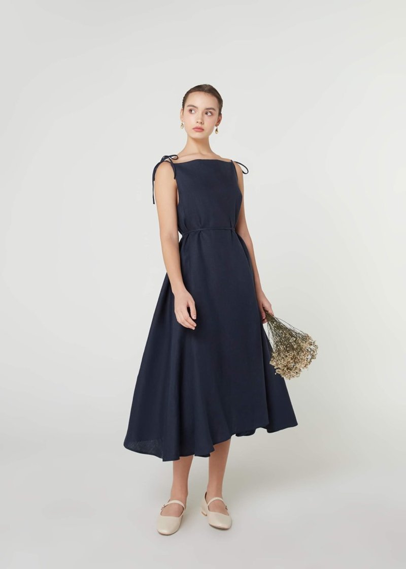 Le bleu dress ~ linen dress in midnight blue, bridesmaid dress - 洋装/连衣裙 - 亚麻 黑色